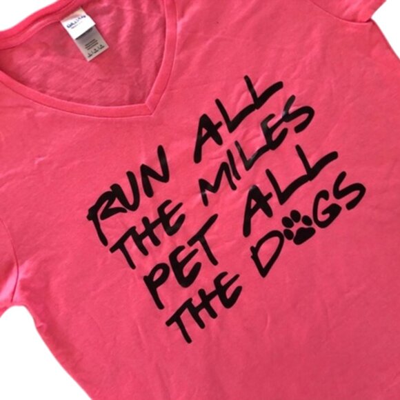 Pink "Run All The Miles Pet All The Dogs" Funny Running V-Neck Fitness Top - Picture 2 of 3